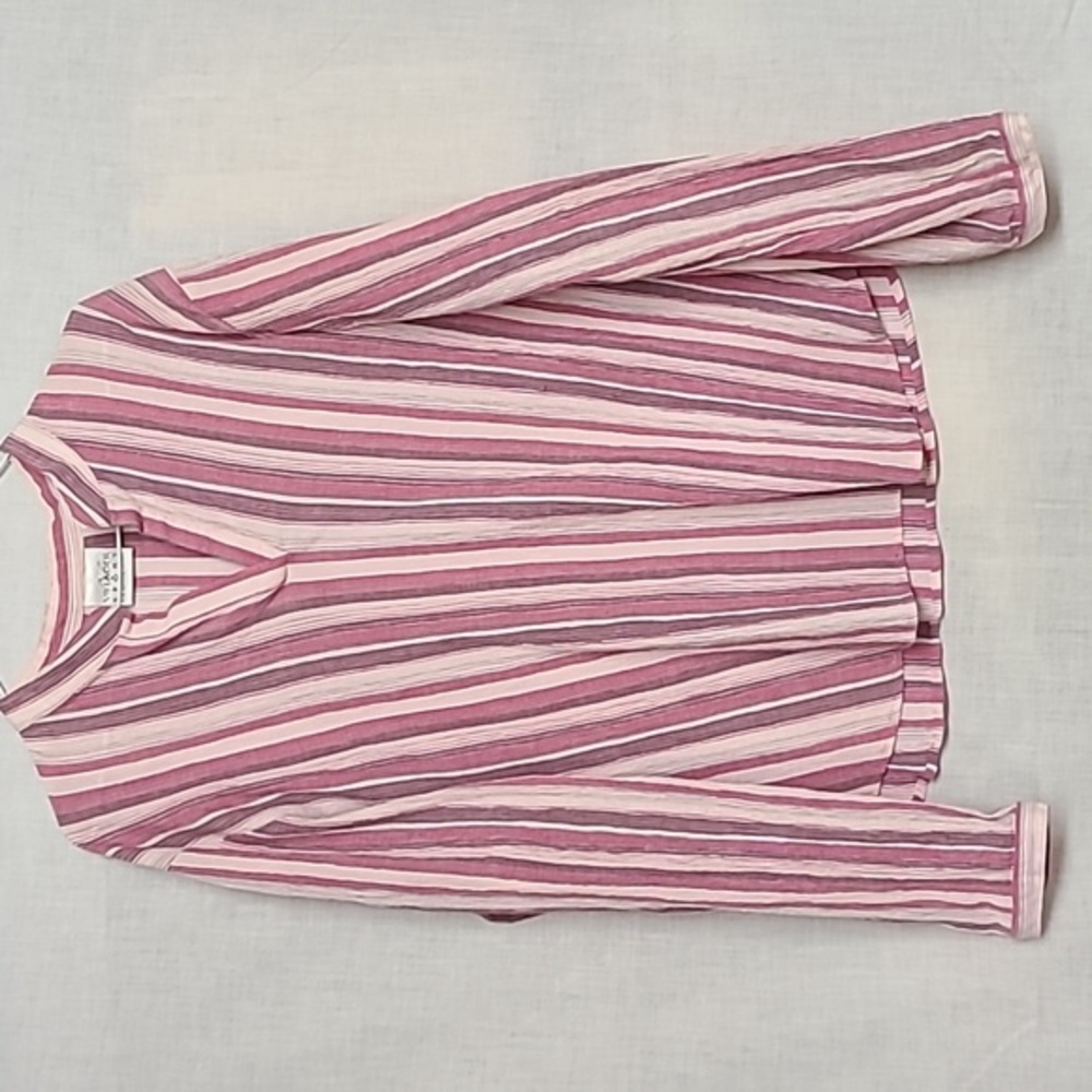 Liz Claiborne Villager Sport Cotton Crinkle Crepe Collarless Top Pink Stripes XL